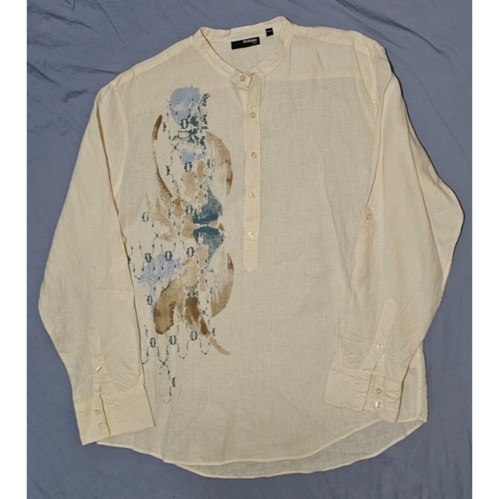 Murano Mens Sz XL 100% LINEN‎ Long Sleeve 1/2 Button Beige
